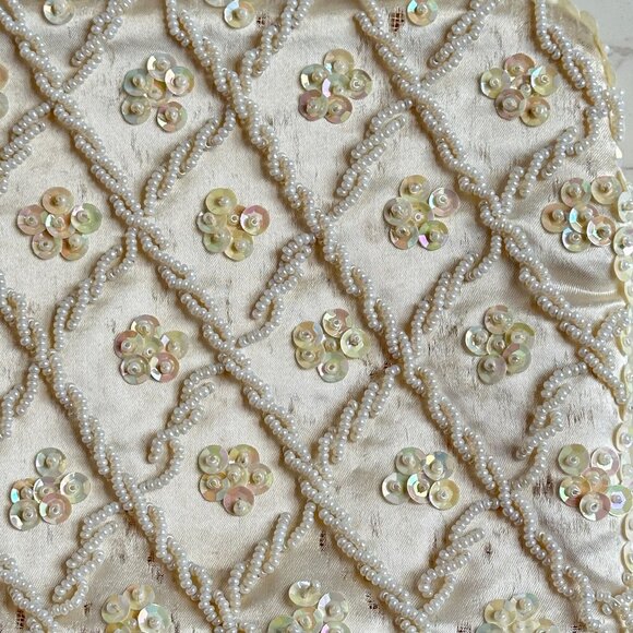 Vintage Cream Convertible Clutch Evening Bag With Sequins & Beads Hand Made - Picture 3 of 11